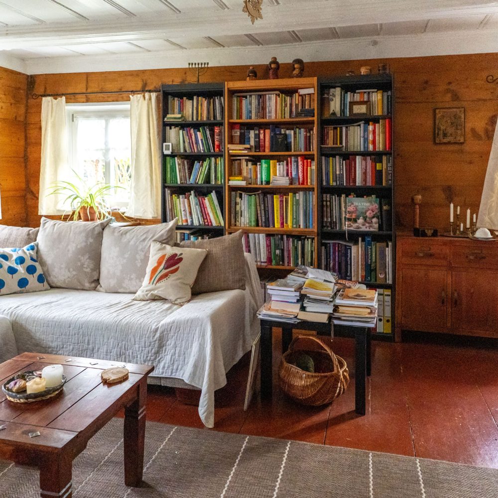A cozy living room with wood-paneled walls, tall bookshelves, a white sofa, and a terracotta-colored floor